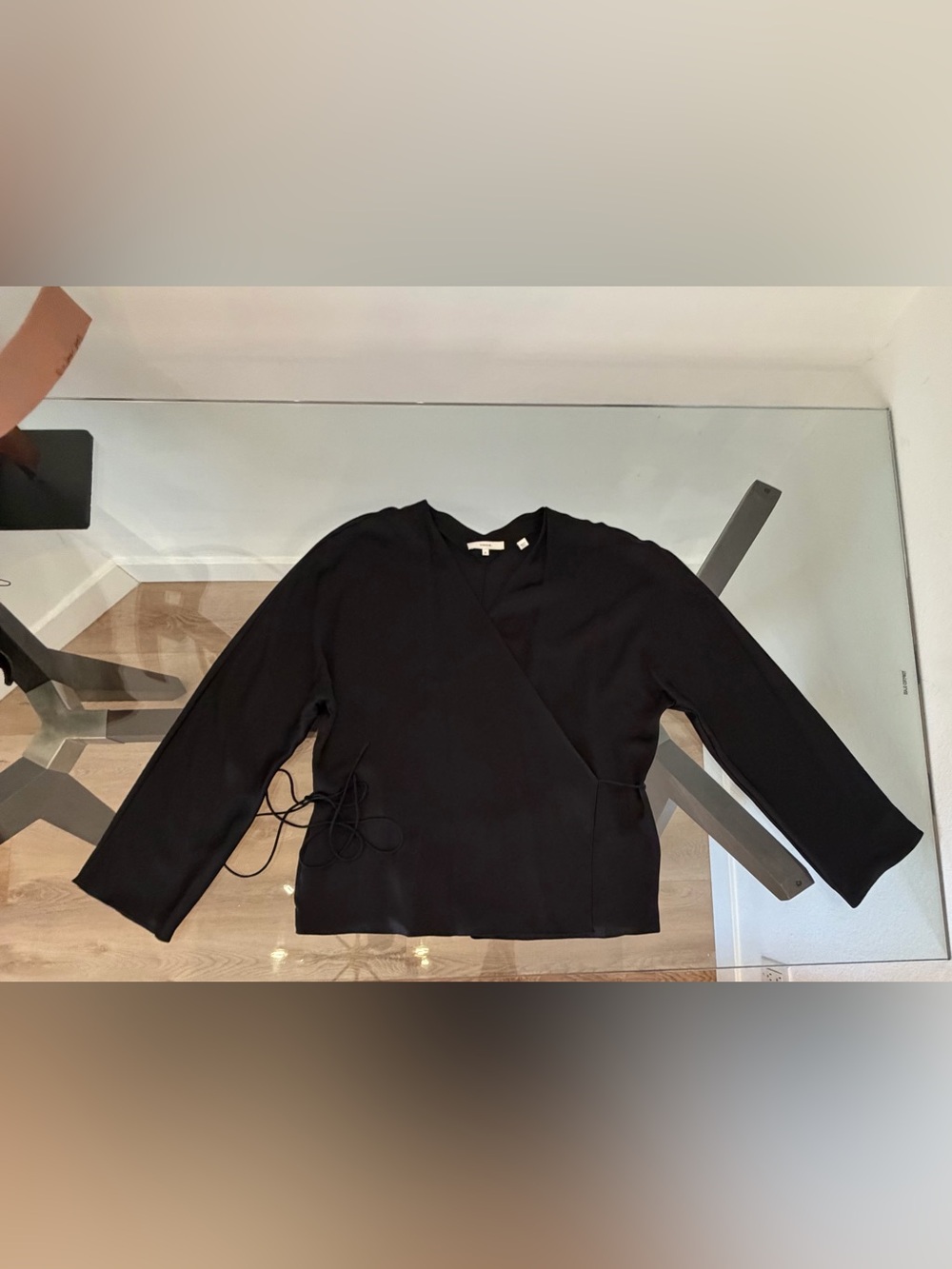 Vince Black Silk Wrap Top XL Side Tie Dolman Sleeve Blouse V-Neck 100% Silk